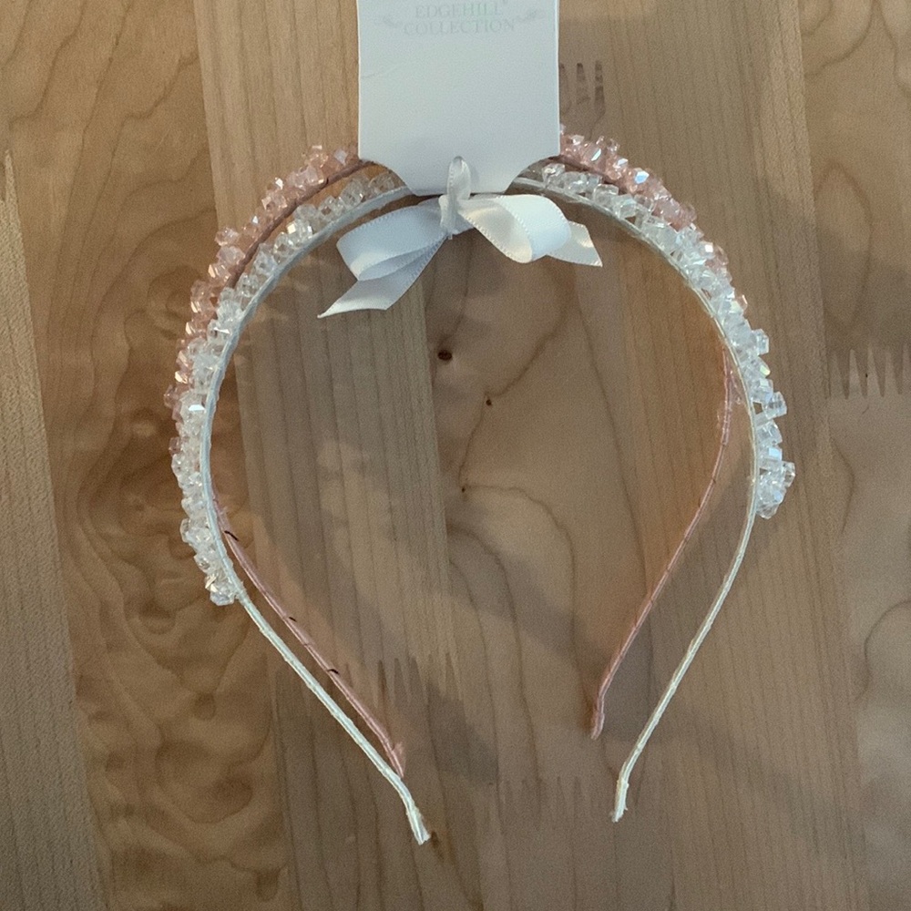 Edgehill Collection Girls Set of 2 Thin Headbands Pink/Clear Iridescent Bead NWT
